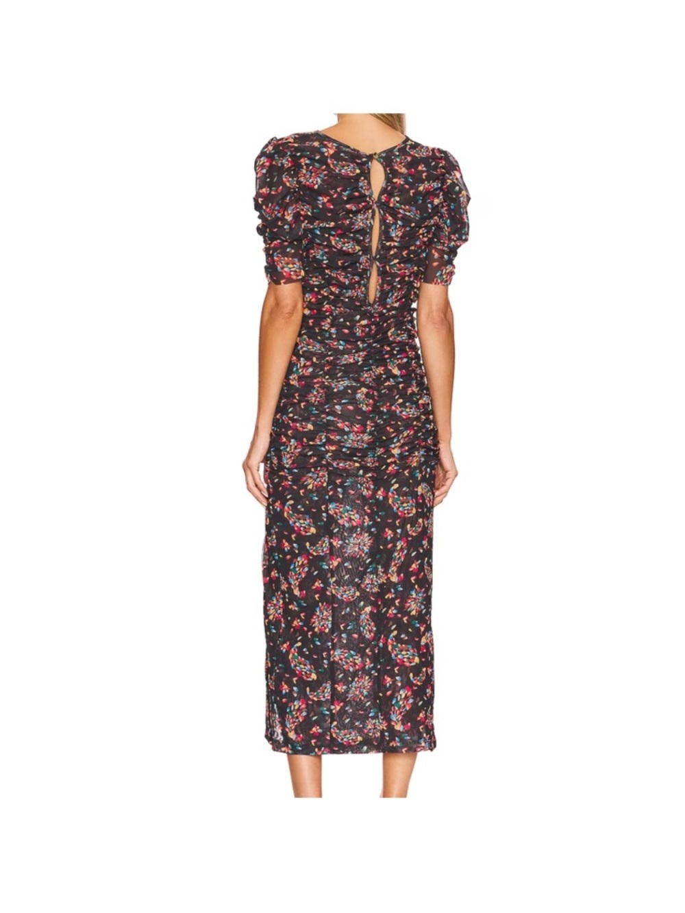Free People Black Floral Ruched Midi Dress with Side Slit - Picture 2 of 4